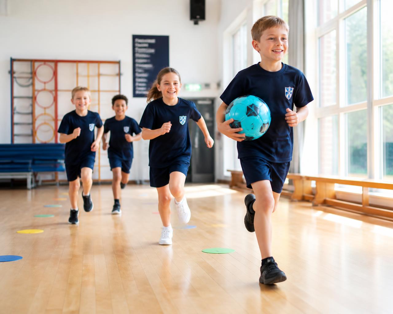 Primary school children running with a ball during a PE lesson in a school hall